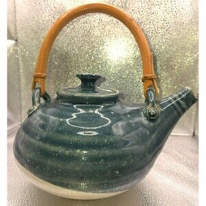 Vintage Studio Art Pottery Teapot – Hand-Thrown Stoneware with Bent-Wood Handle